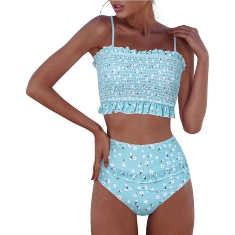 Light Blue Floral Smocked Ruffle Trim Bandeau Bikini high waisted swim NWOT L